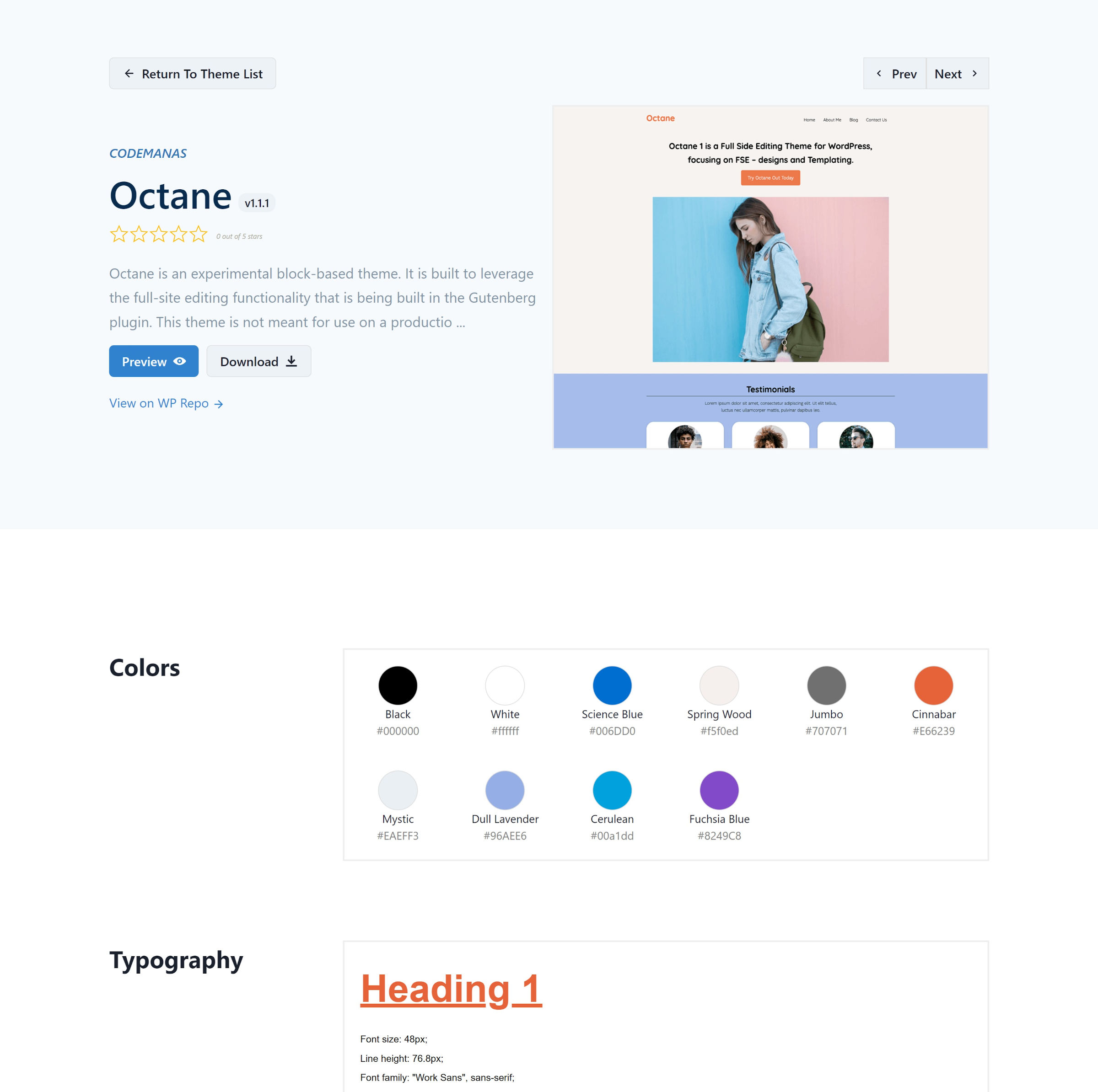 Screenshot of Octane WordPress theme page on Gutenberg Hub.  Includes theme description, screenshot, colors, and typographic sections.