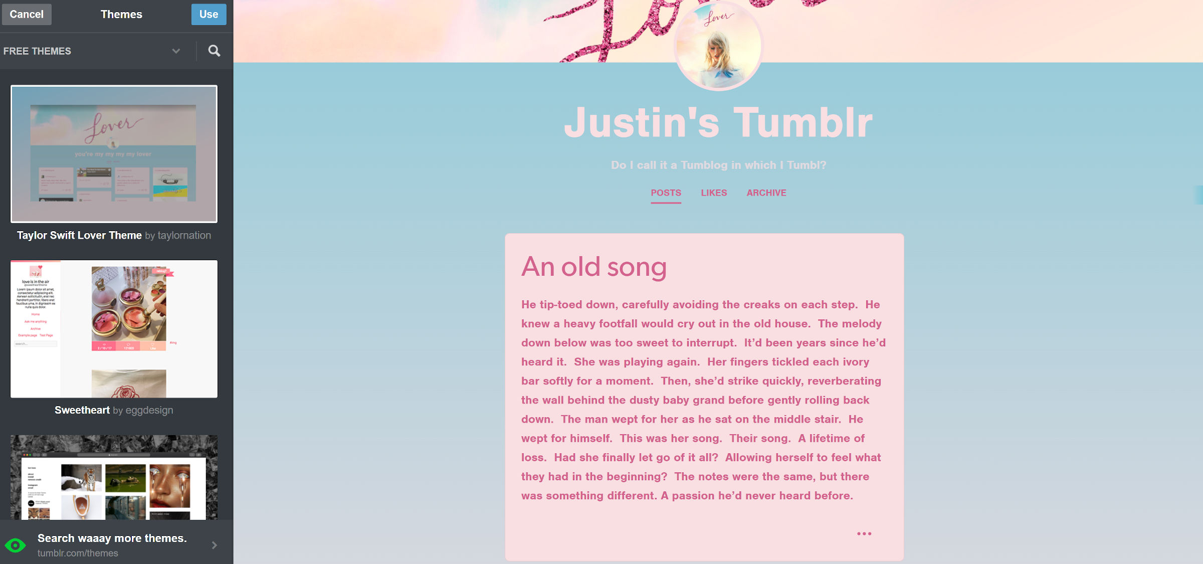 Pink and blue Tumblr theme design dedicated to Taylor Swift.  It is in a preview box on the right.  On the left, are other themes to demo.