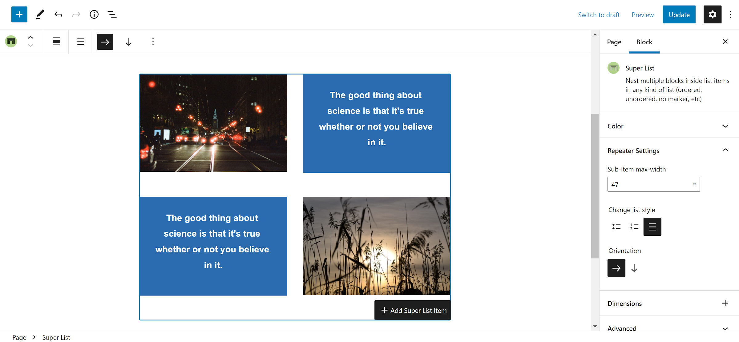 A four by four grid of squares in the WordPress editor.  The first and last squares have a demo image.  The second and third squares have demo quote text.