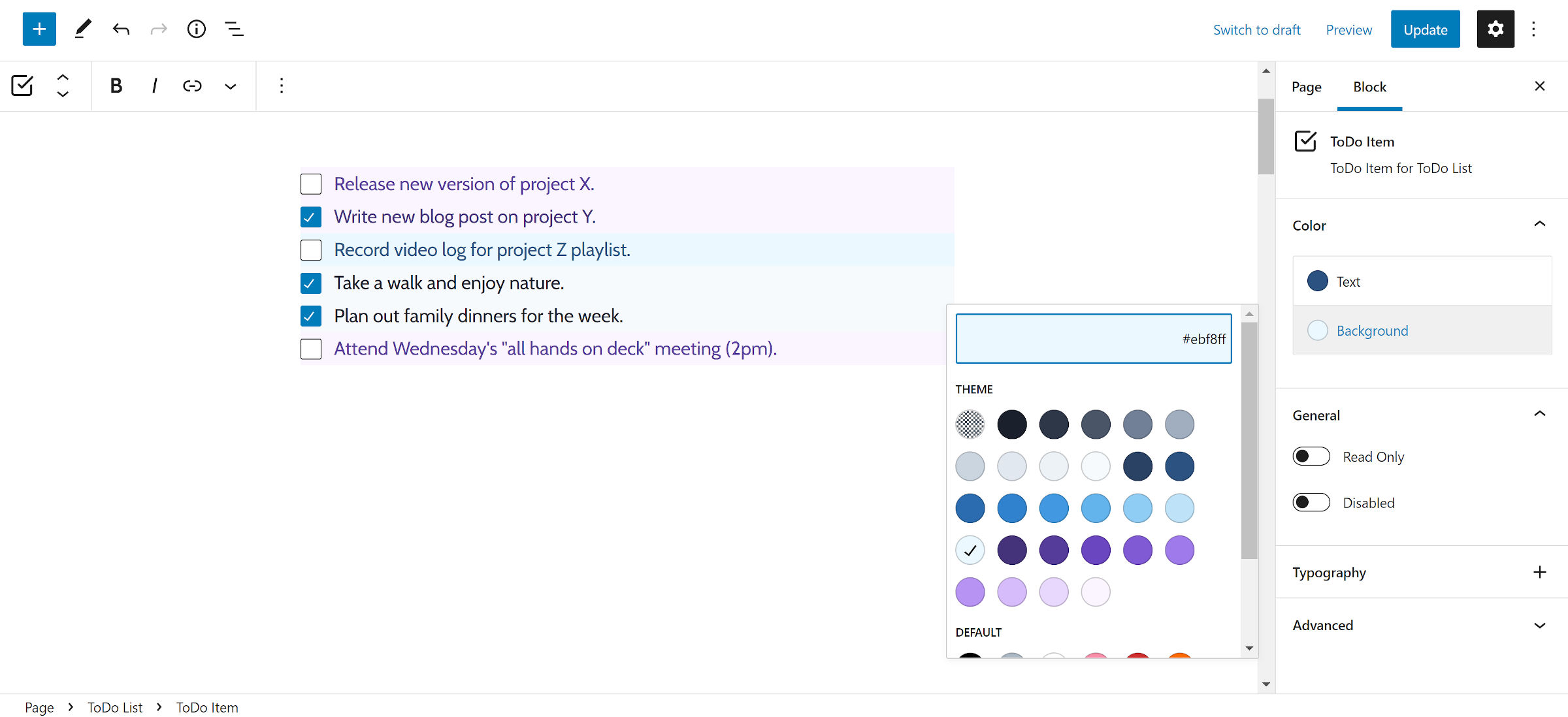 Todo list in the WordPress editor.  Each item has different colors to categorize each task.  In the block options sidebar, the background color popup is open for one of the todo items.