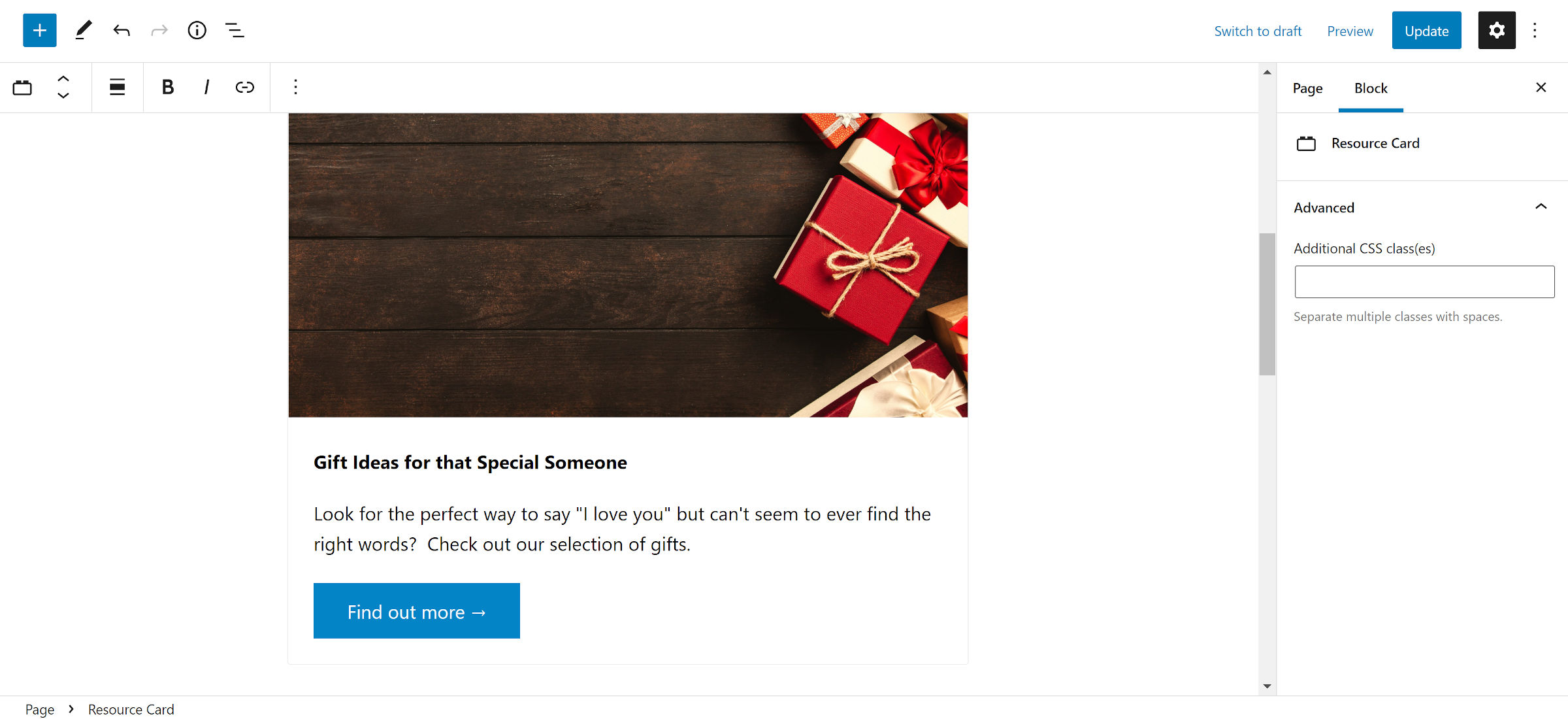 WordPress editor with a block named Resource Card in the canvas.  Its content includes an image of tiny gift boxes and Valentine's Day related demo content, which is followed by a button to learn more.