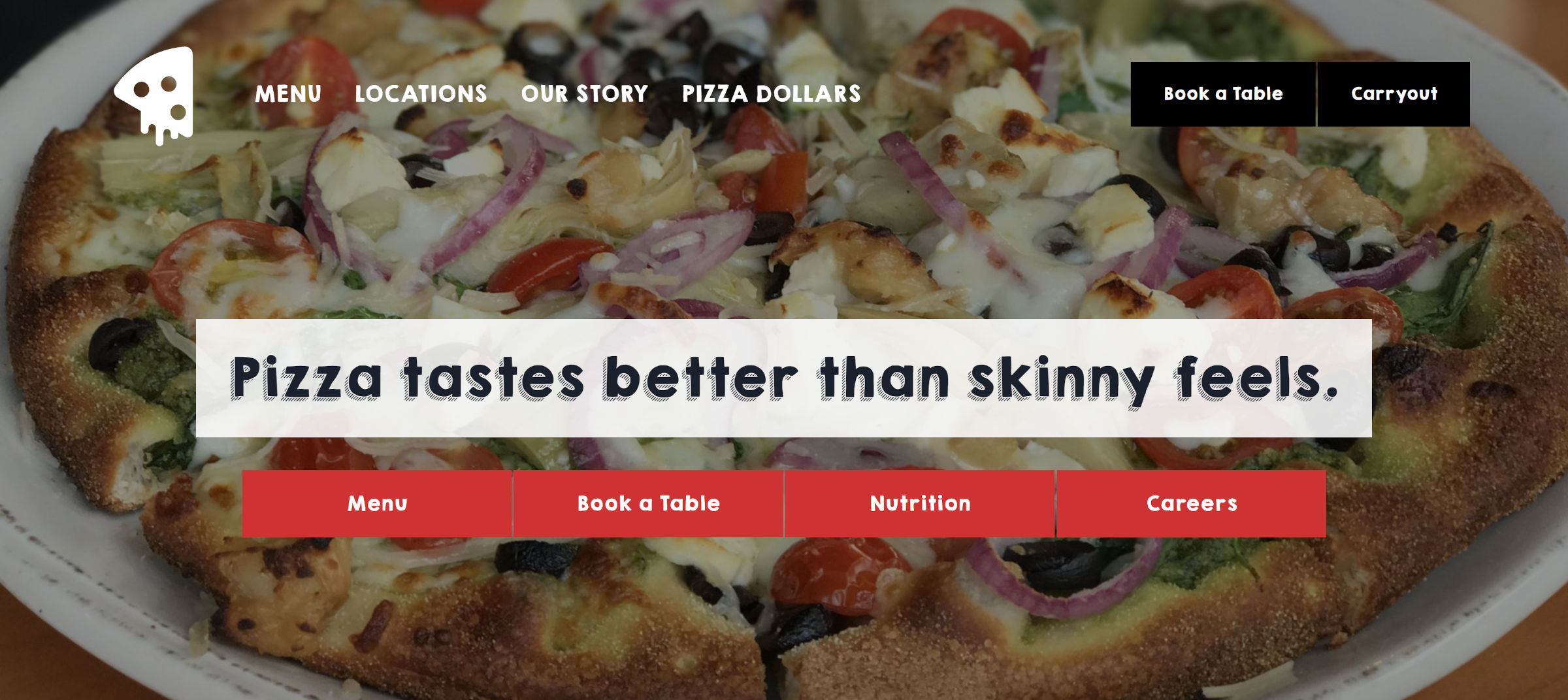 Pizza restaurant header with a logo, menu, and buttons at the top right. In the middle is a demo slogan followed by another button-like menu.