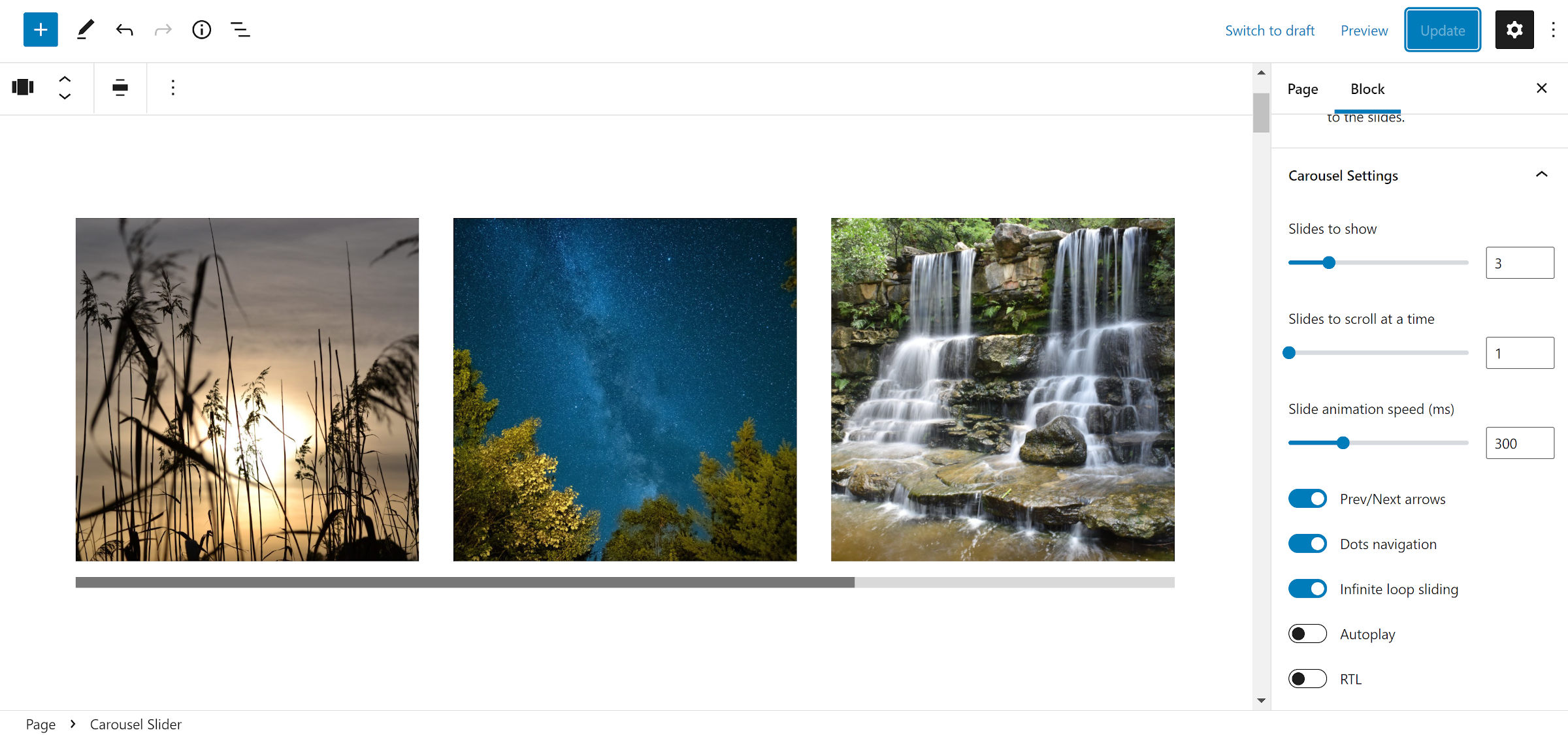 The Slider Carousel block in the WordPress editor.  It is displaying three slides, each with an image.  Below the carousel sits a horizontal scrollbar.