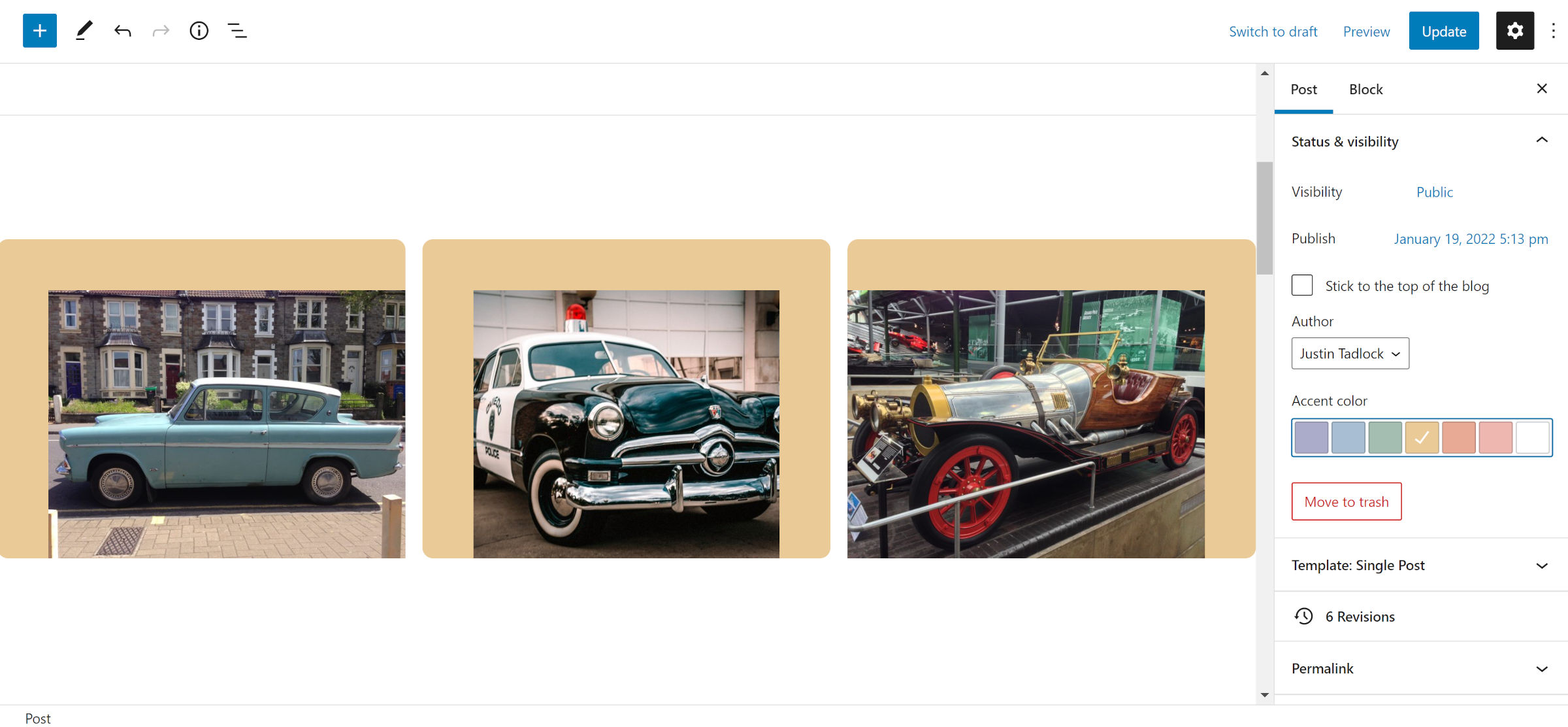 A gallery of three car images, each image is uniquely positioned in a container box at the bottom right, center and left.