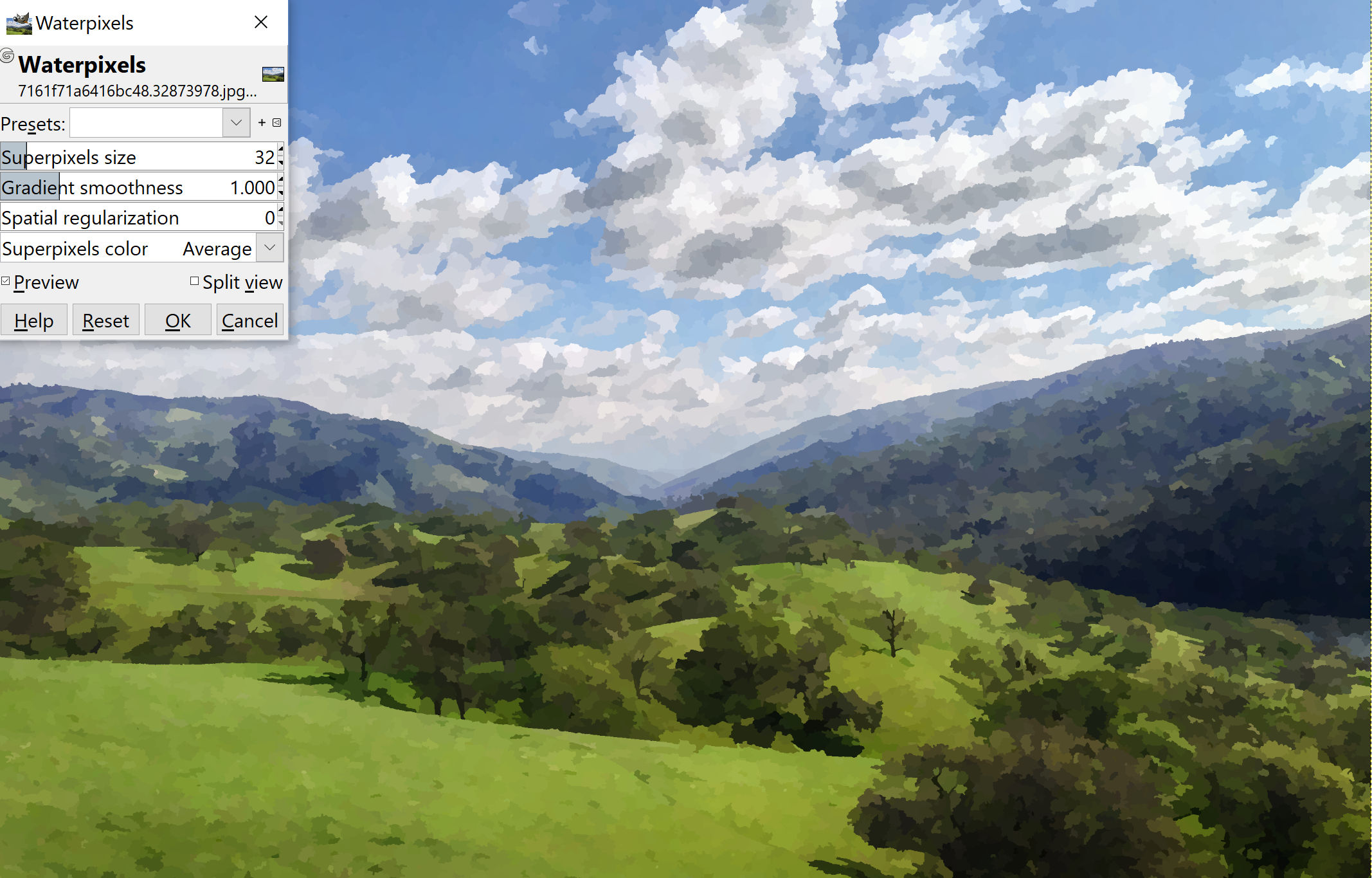 Canvas area of the GIMP photo-editing software with hills in front of a mountainside in the image.  In the top left corner is a control box for controlling a "waterpixels" artistic filter.