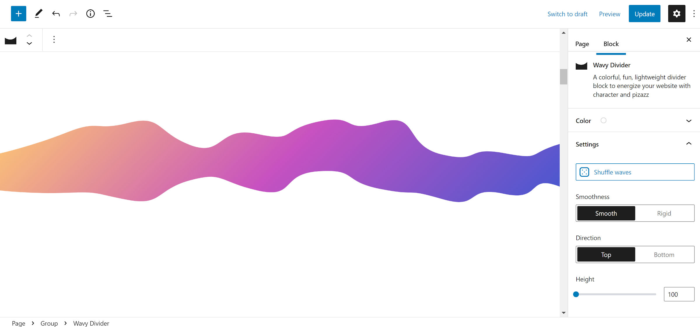 Un gradiente ondulato arancione, rosa, viola e blu che scorre sullo schermo.
