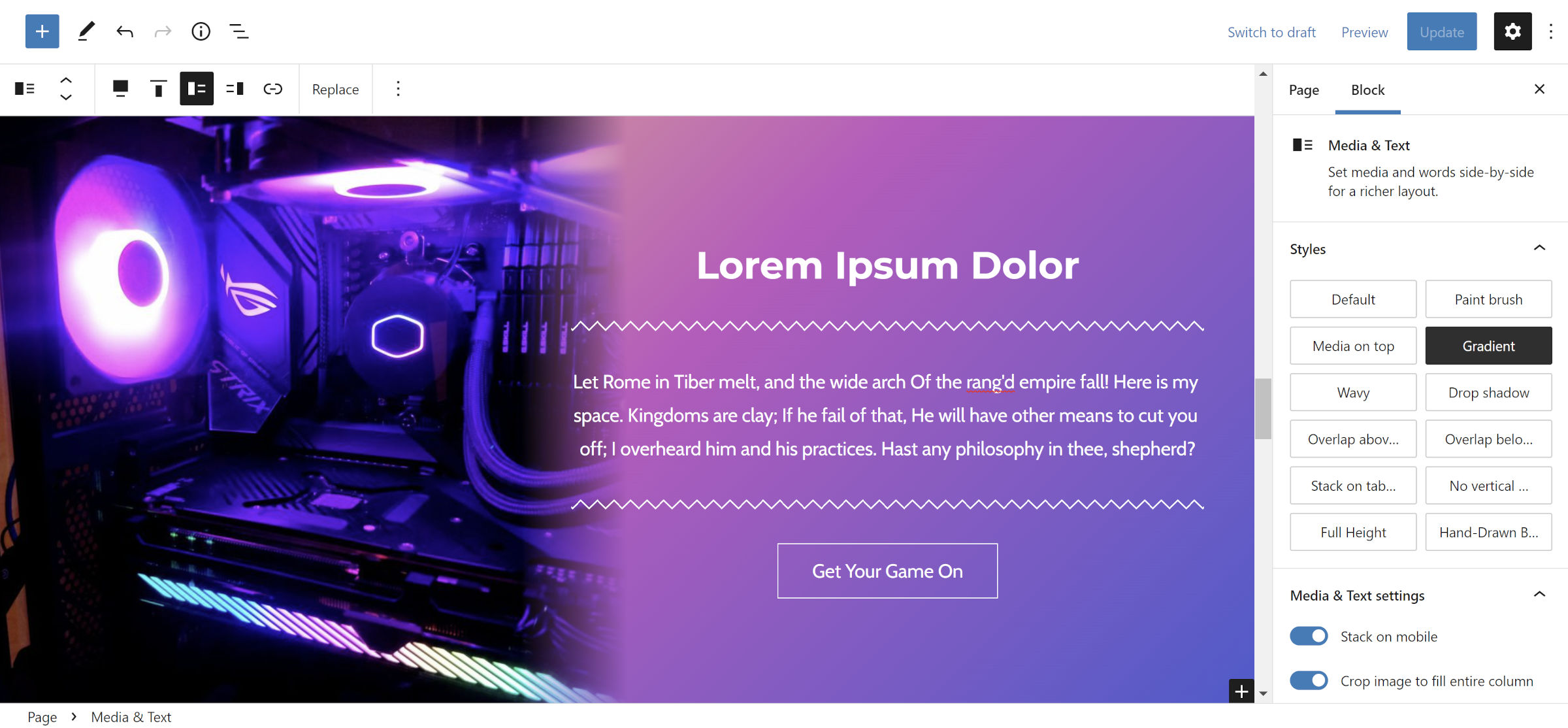 Purple image of the inside of a gaming computer in the Media & Text block inside of the WordPress post editor. On the right, a purple background fades into the image, overlapping it slightly.
