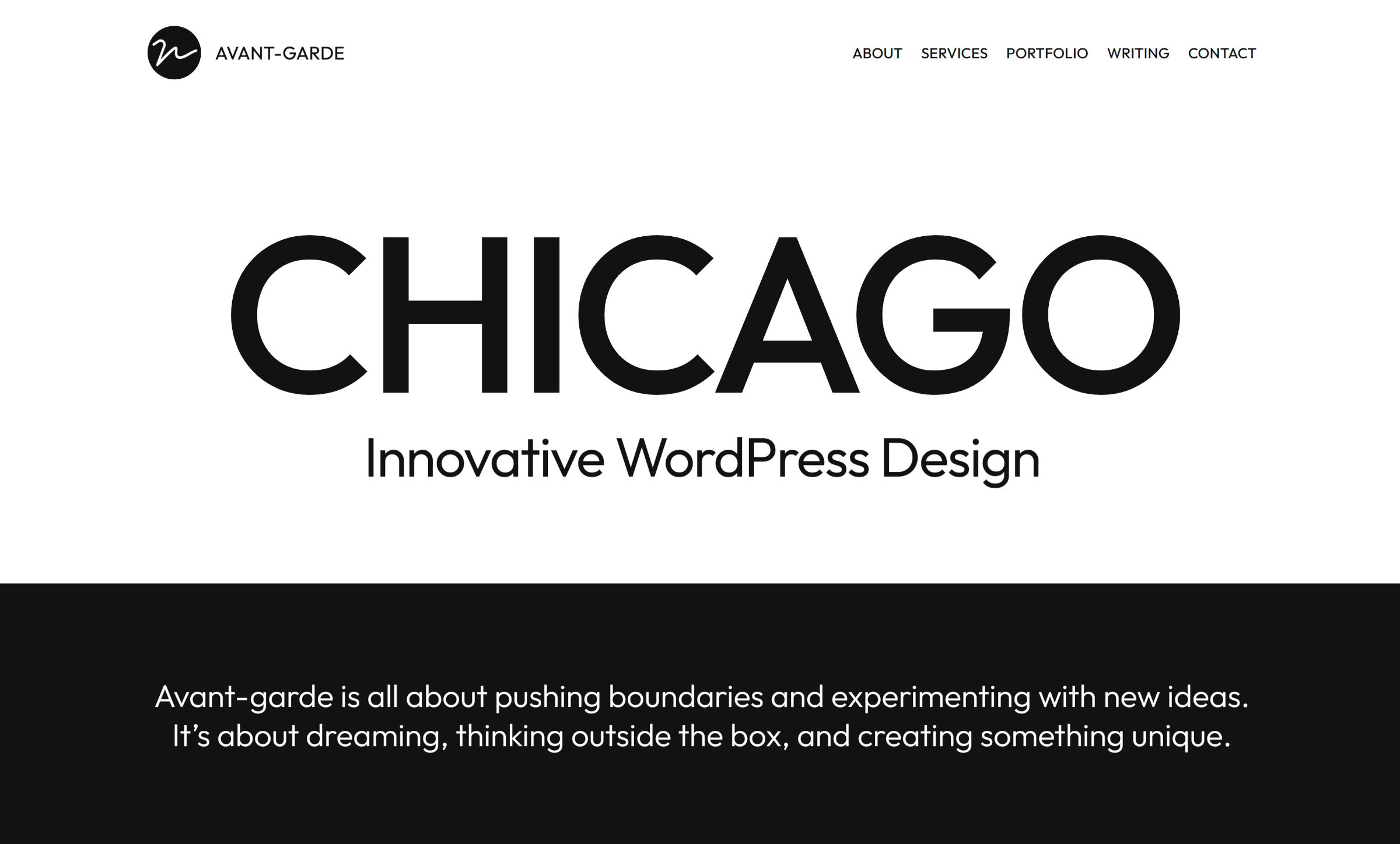 Homepage-Screenshot des WordPress-Themes mit Logo, Titel und Menü in der Kopfzeile.  Es hat einen großen Intro-Abschnitt mit den Worten "Chicago, innovatives WordPress-Design."