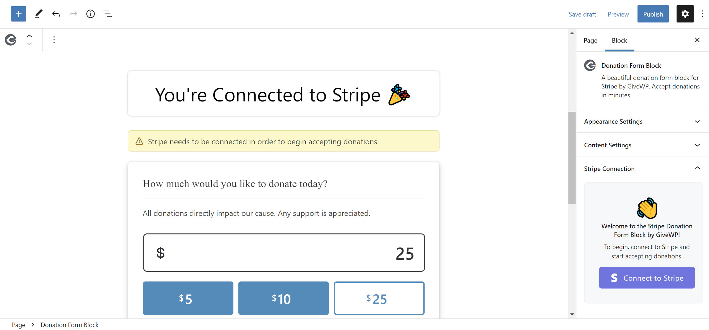 Donation form in the WordPress editor in the middle of connecting it to Stripe.