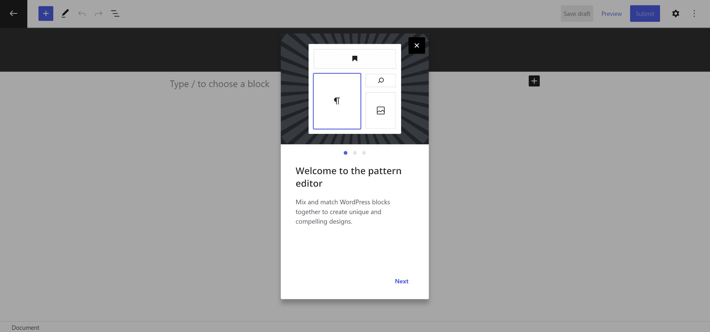 Welcome popup over the pattern editor on WordPress.org.  It teaches what the creator is.