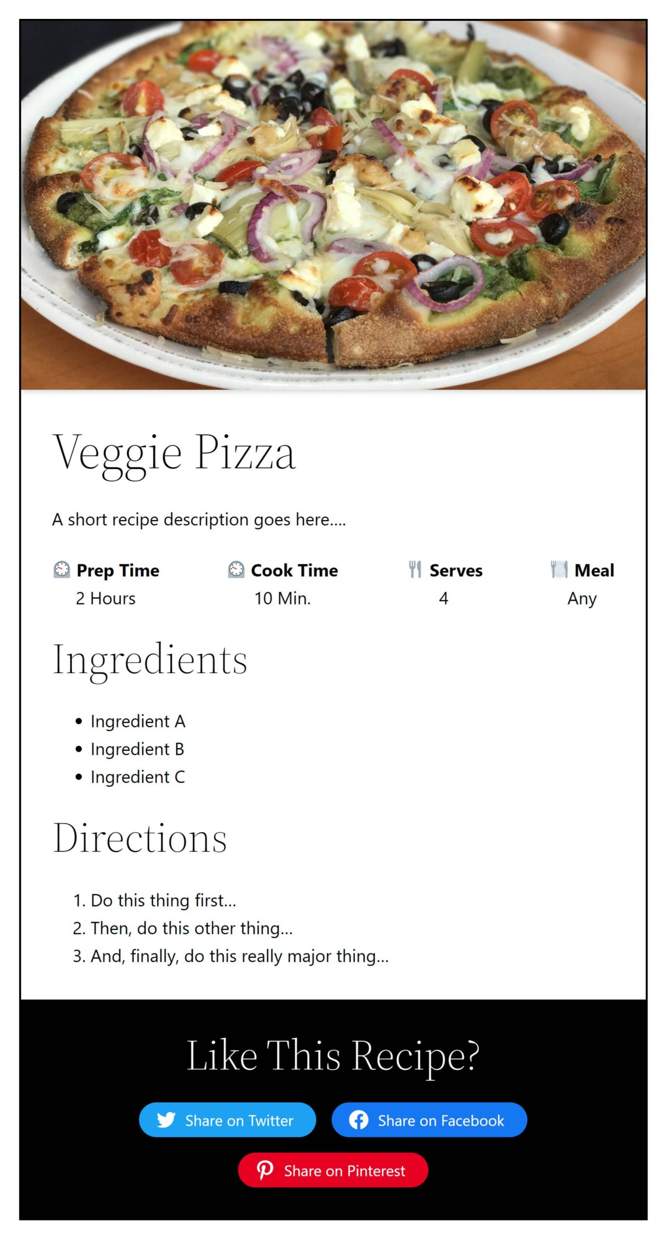 A recipe card with an image of a pizza at the top.  Following that is a title, description, ingredients list, directions list, and social sharing section.