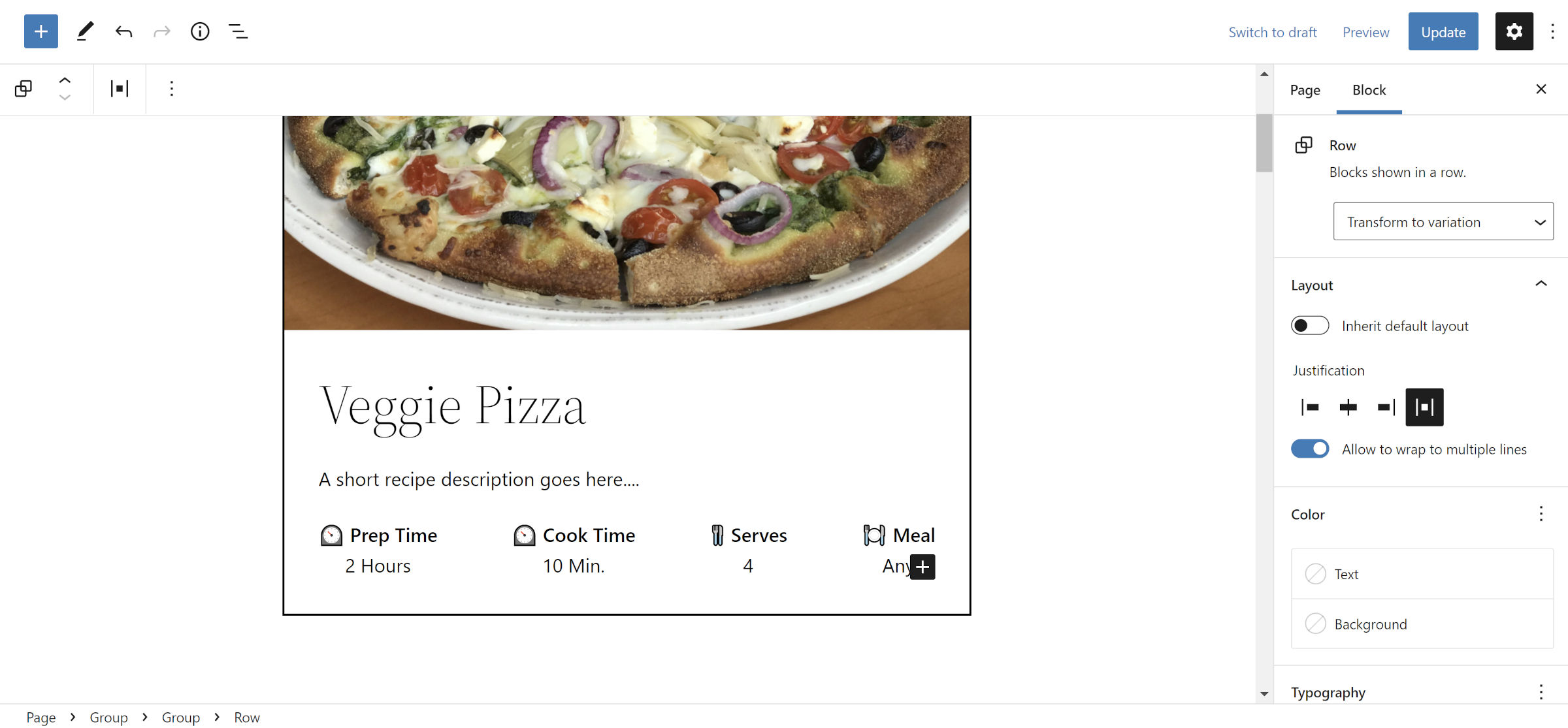 Une fiche recette dans l'éditeur WordPress.  Il contient une image de pizza, suivie d'un titre, d'une description et de métadonnées.