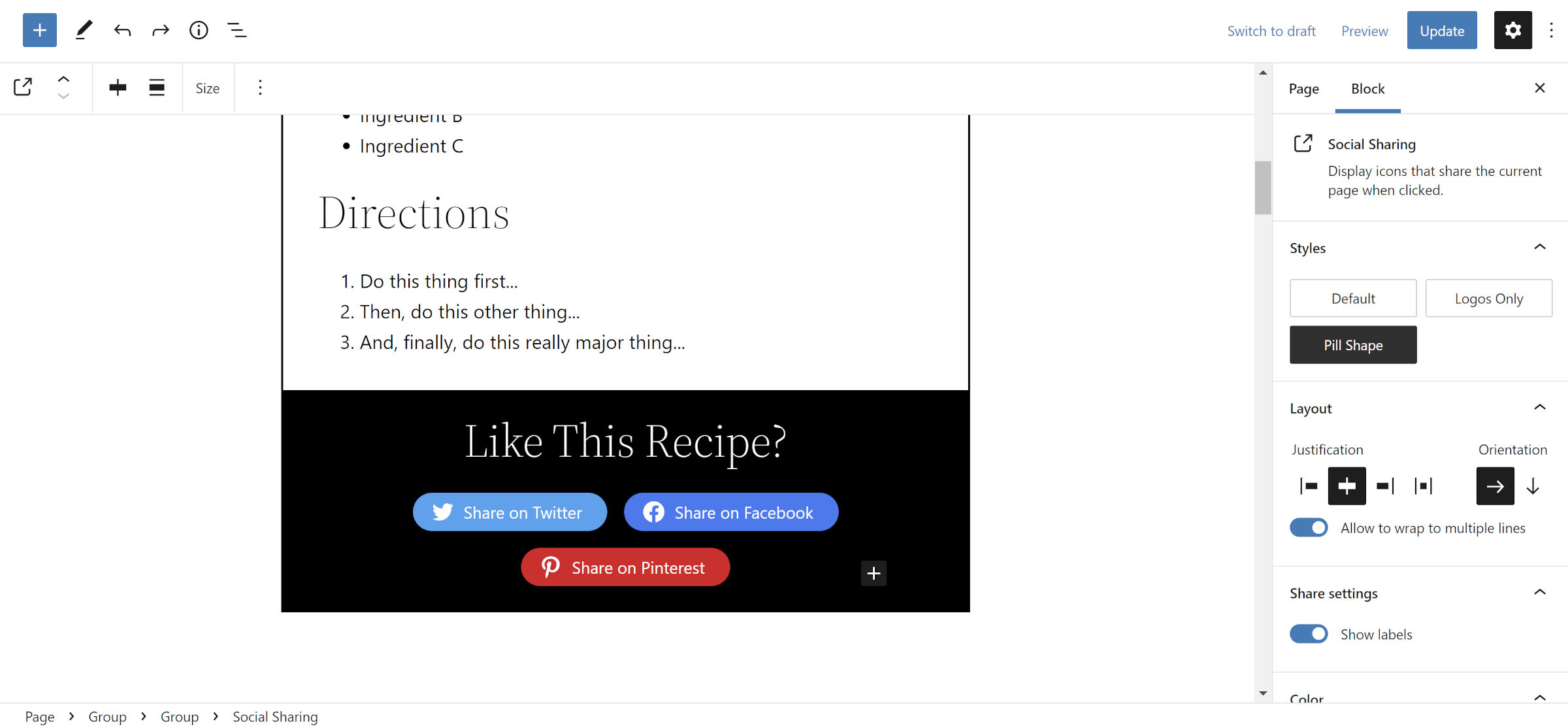 Recipe card in the WordPress editor.  Shown in the directions listing, followed by a social sharing section.