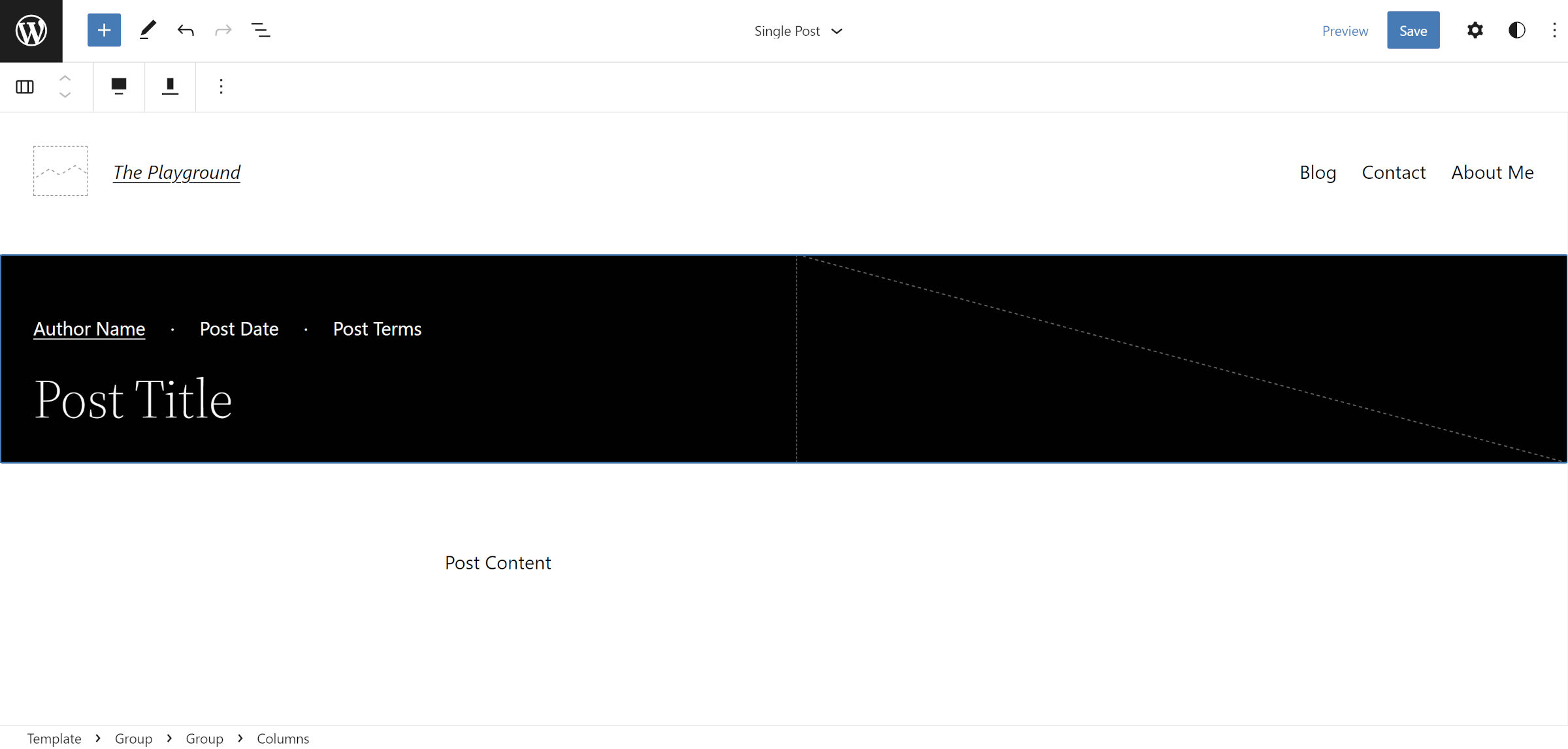WordPress site editor showing the single post view with a split-screen header.
