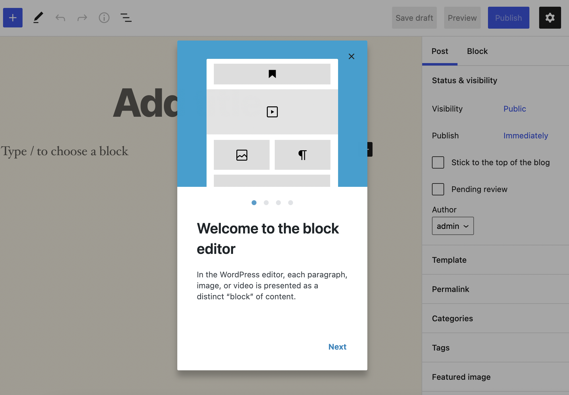 WordPress post editor with the 'welcome to the block editor' modal that pops up when first using it.