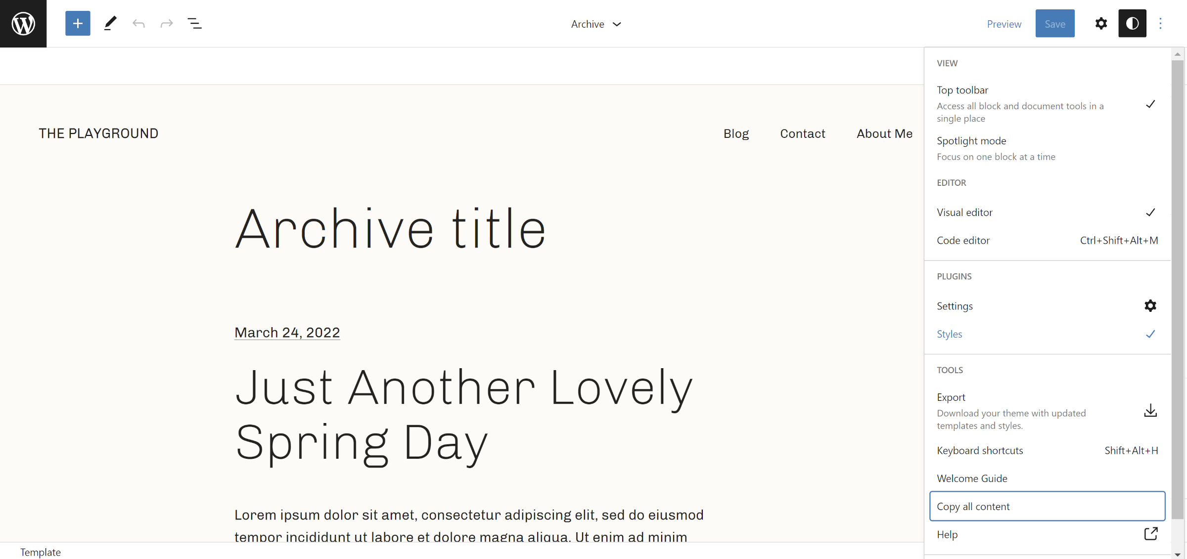 WordPress site editor with the Archeo theme Archive template open.  In the dropdown to the right, the "copy all content" button is selected.