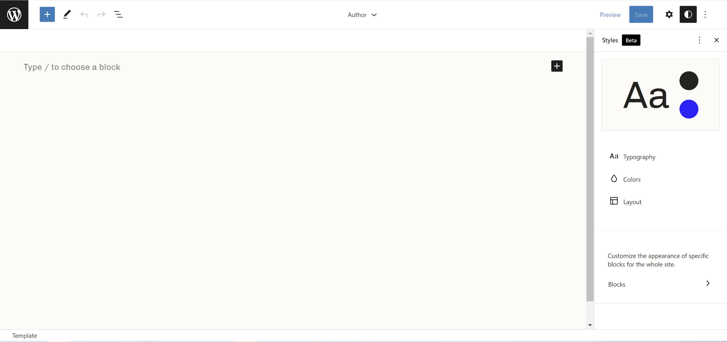 Default WordPress author template is an empty content canvas.