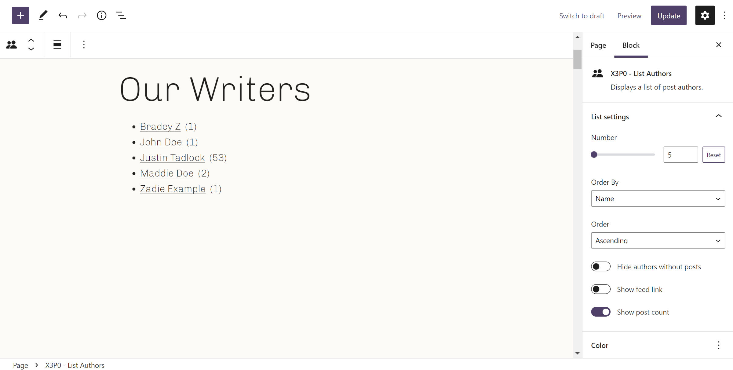 Editor de postagem do WordPress com um bloco de autores personalizado que lista os usuários com postagens.