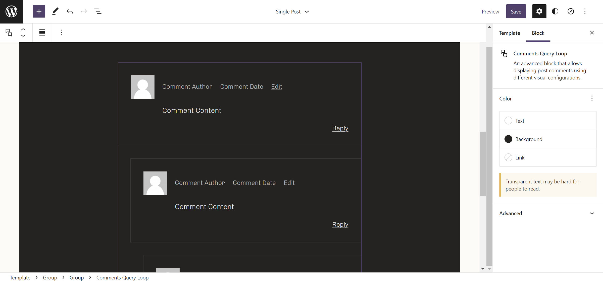 WordPress site editor with customized Comments Query Loop block, which displays a post's comments on the front end.