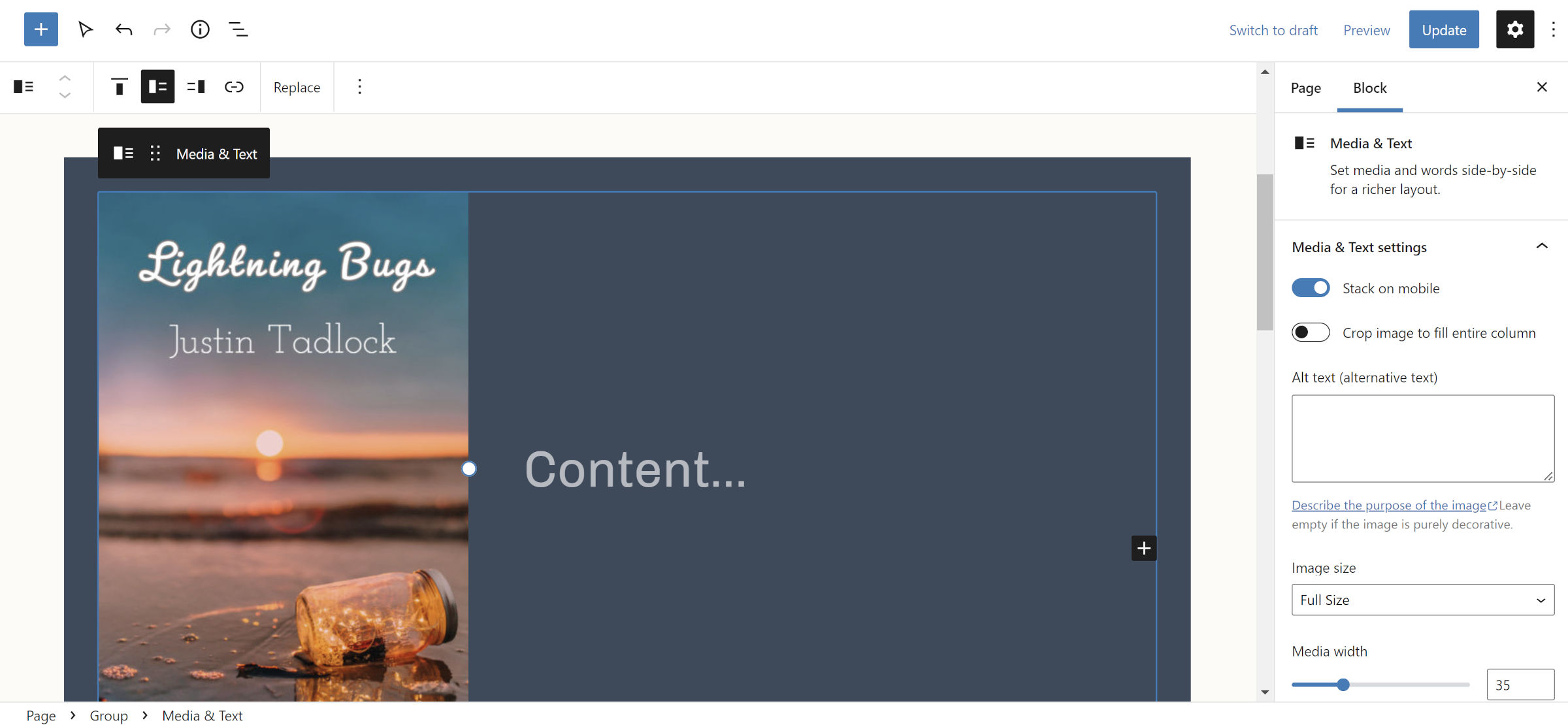 WordPress post editor with a Media and text block.  It shows a book cover image on the left.