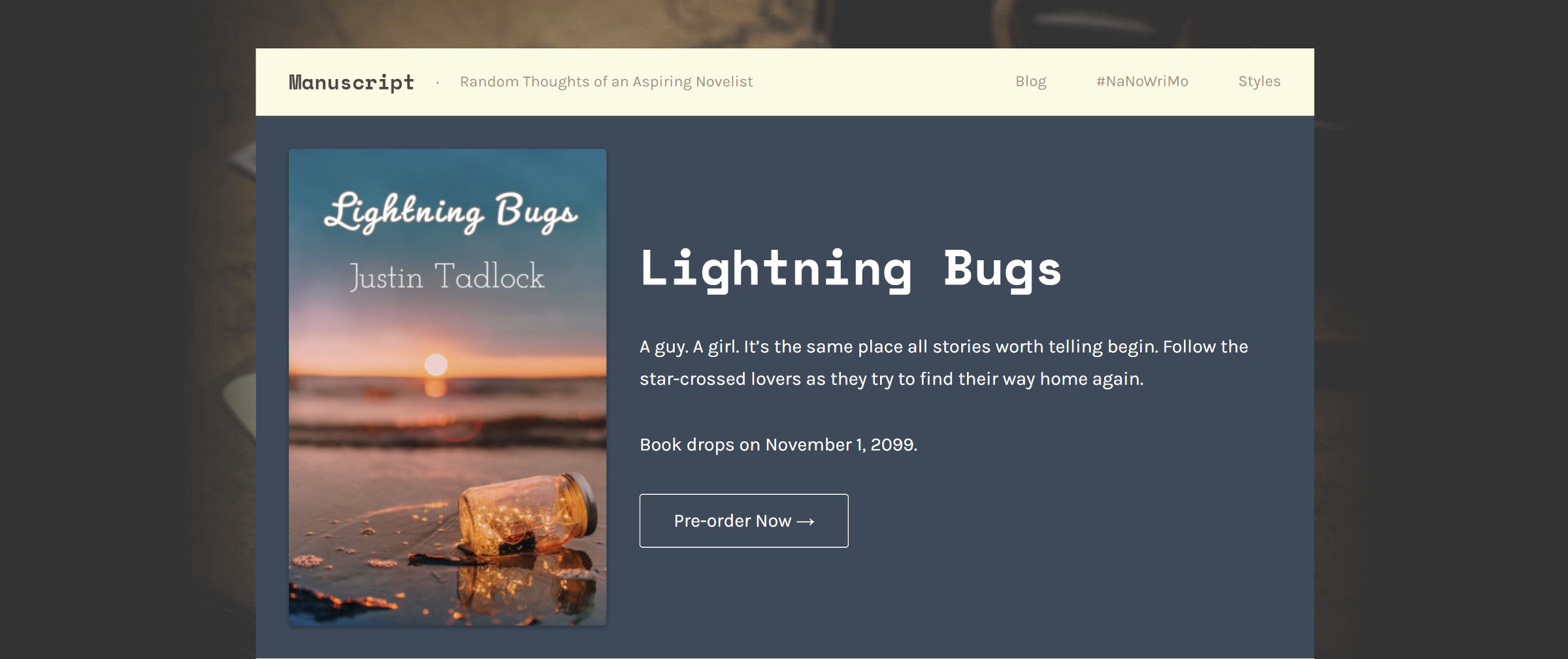 Capture d'écran de la page d'accueil d'un thème conçu pour les romanciers.  Il comporte un livre et un bouton de vente.