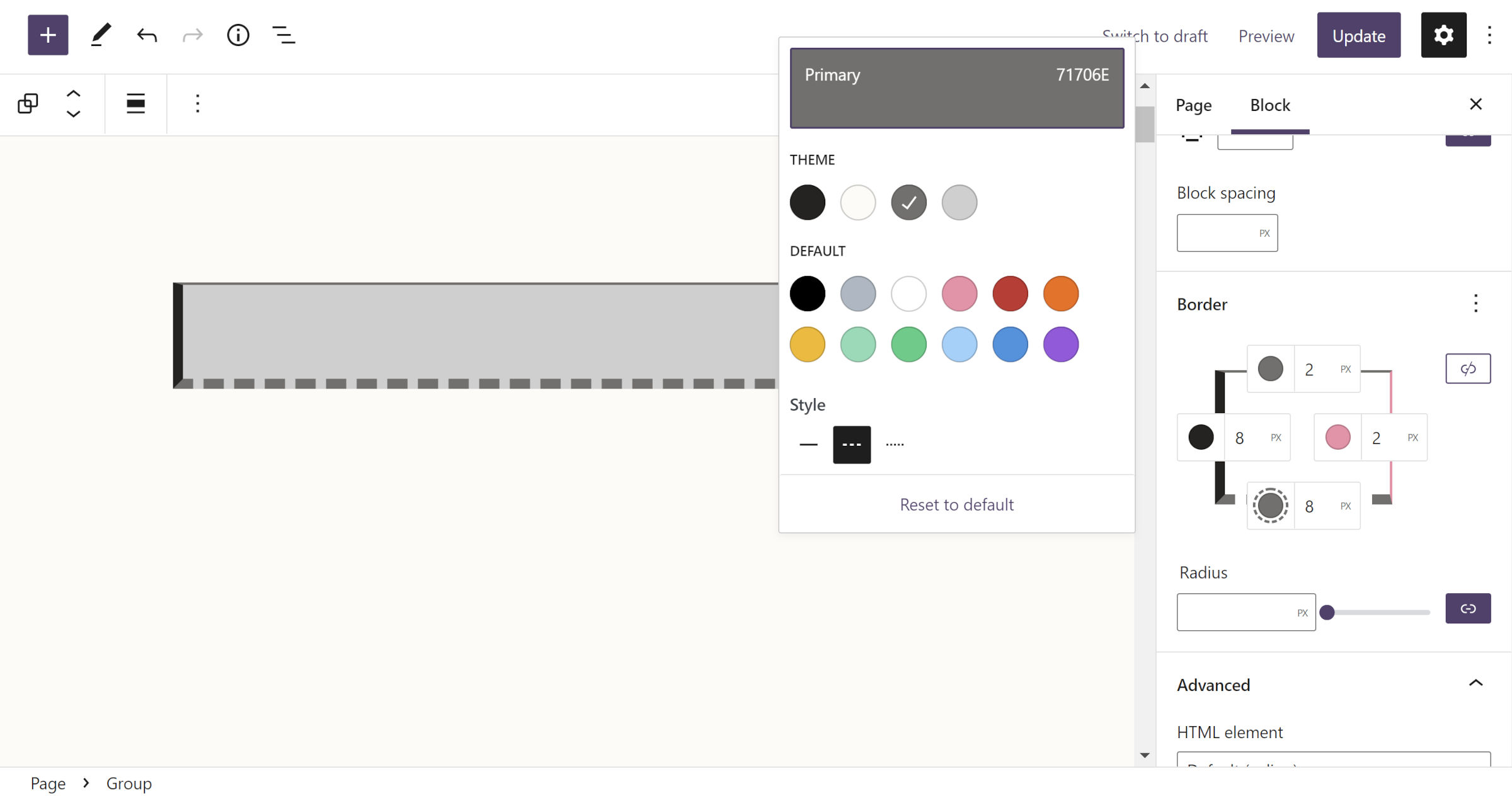 WordPress post editor with a Group block in the content canvas.  On the side, the border control is unlinked, showing options for all four sides.  There is a popover for choosing the color of one side and its style.