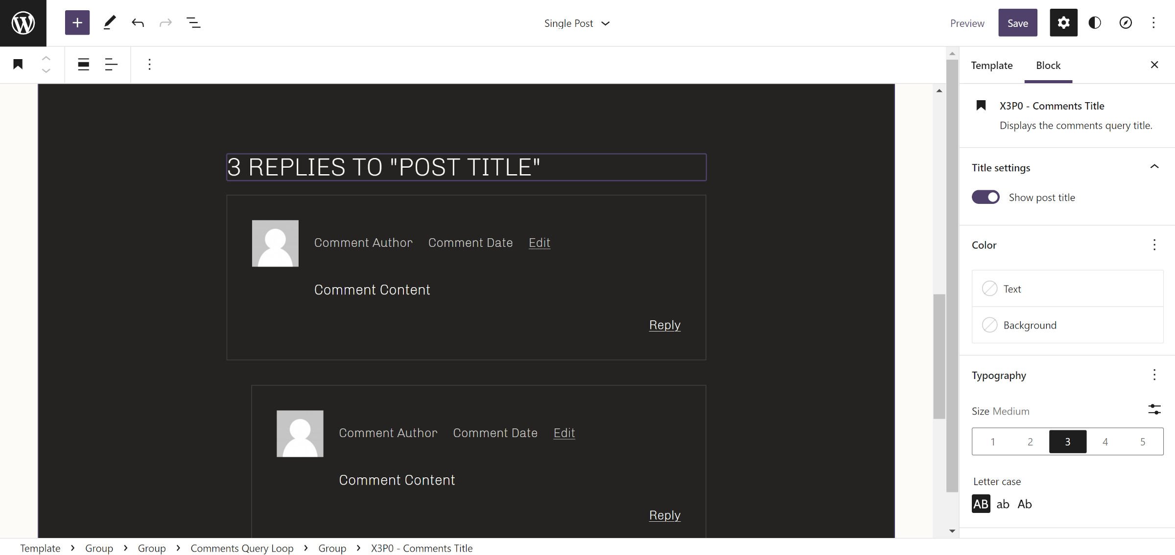 WordPress-Site-Editor mit eingefügter Kommentarabfrageschleife.  Oben ist ein Kommentar-Titelblock hervorgehoben.