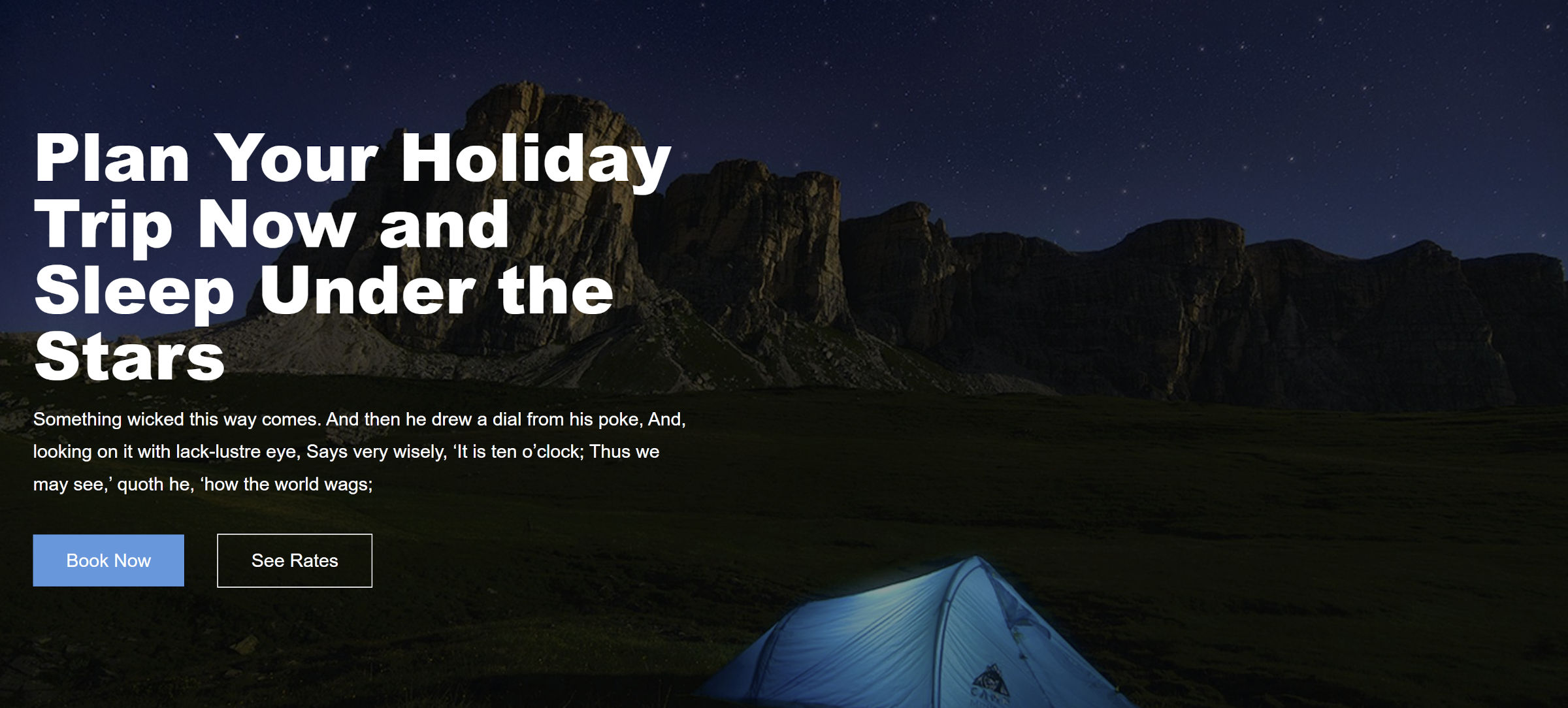 Großes Hintergrundbild mit einer Wüste in der Nacht.  Ein Zelt steht im Vordergrund des Bildes.  Auf der linken Seite befindet sich ein falscher Text für die Buchung einer Nacht unter den Sternen.