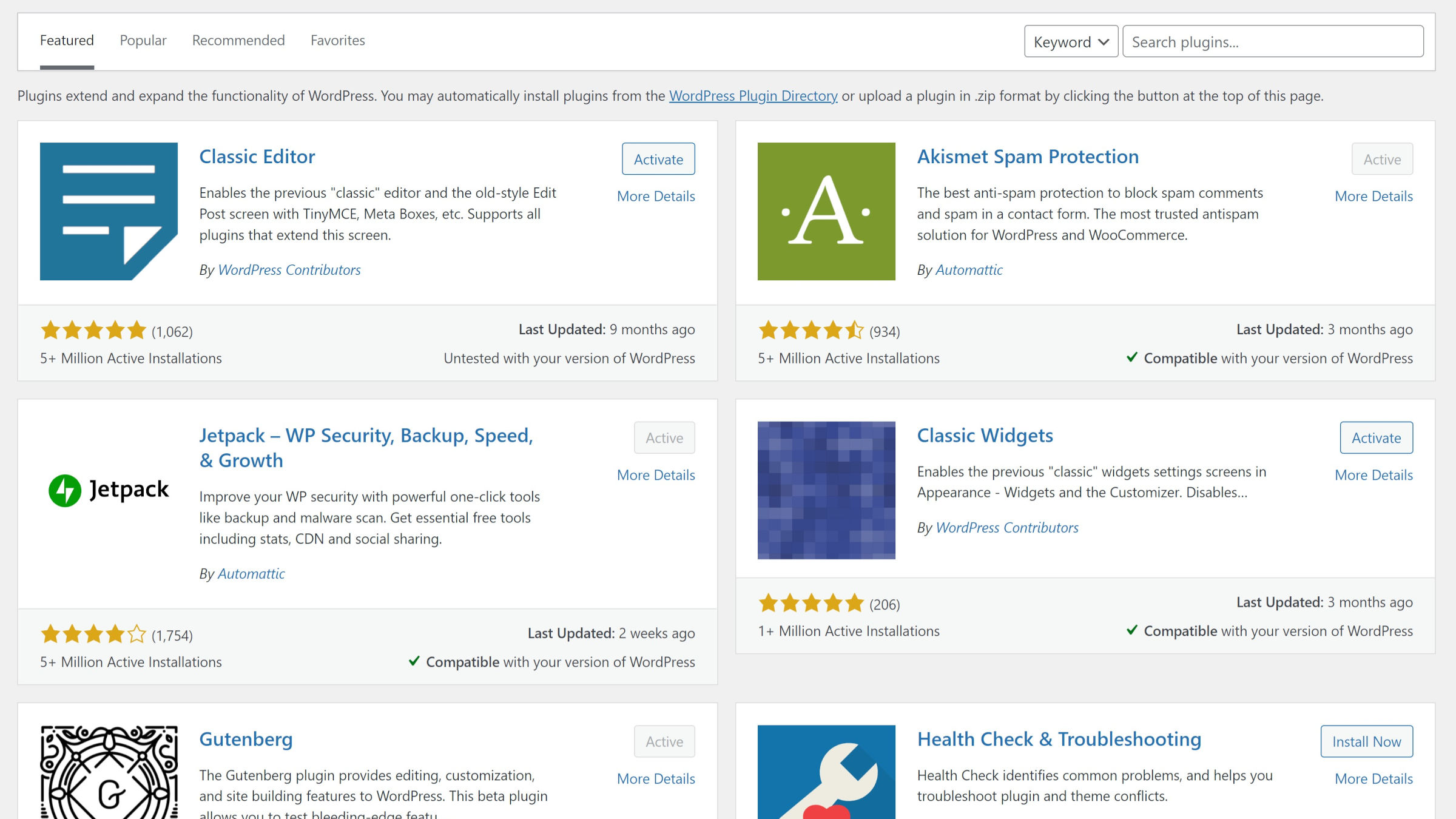 WordPress Add-New Plugin Bildschirm im Admin.  Der Screenshot zeigt 6 der 15 vorgestellten Plugins.