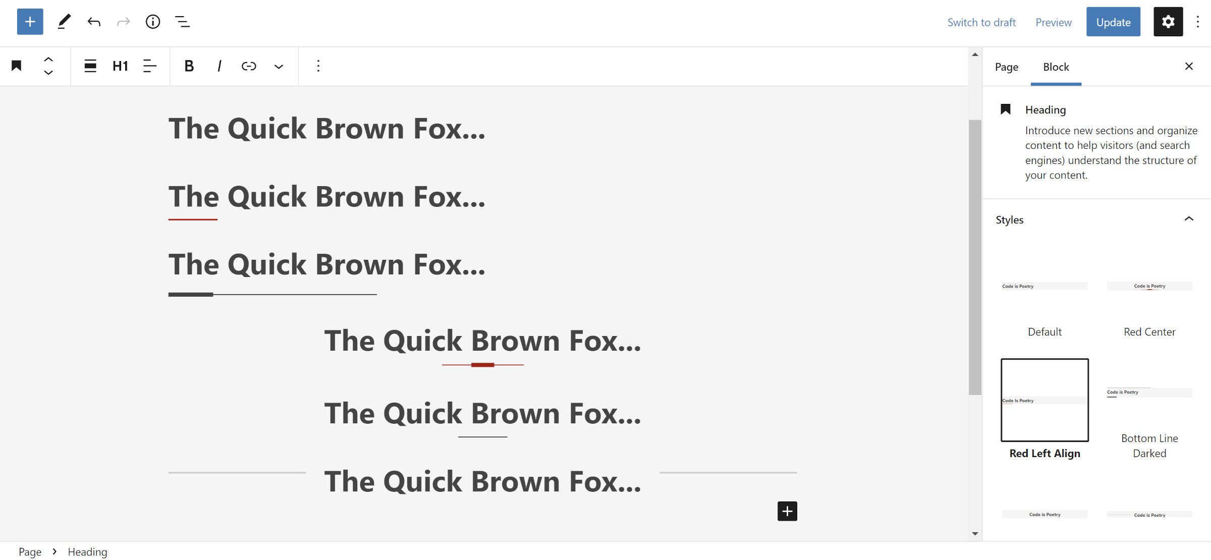WordPress post editor with six Heading blocks.  Each has a different design.