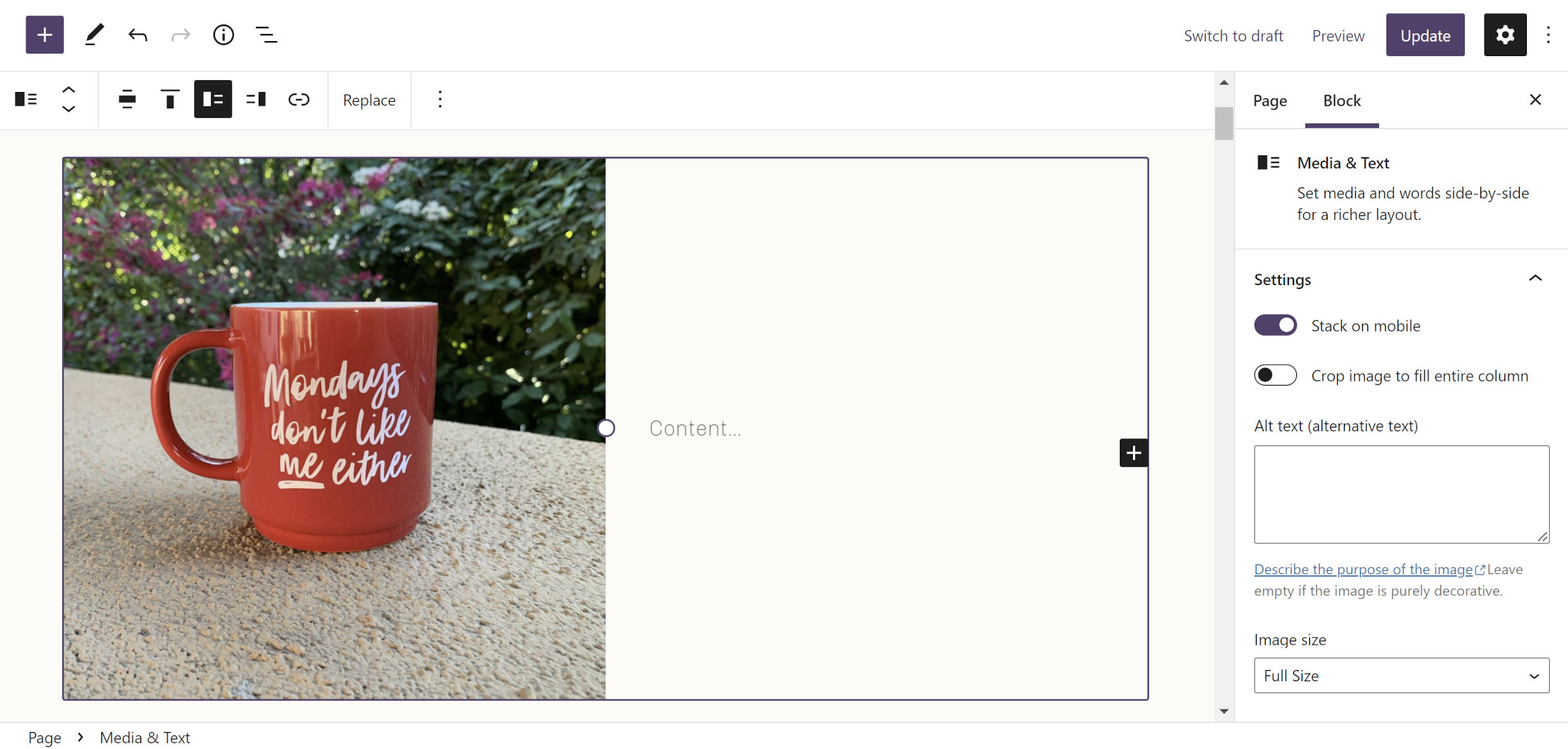 Media & Text block in the content canvas of the WordPress editor. A coffee mug sits on the left and empty content on the right.