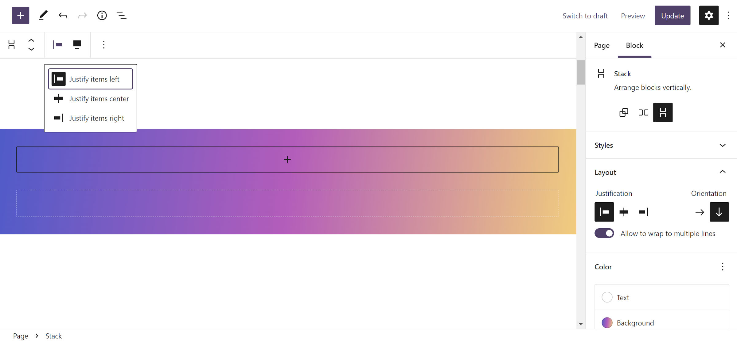 WordPress post editor with a Stack block inserted that has a colorful gradient background.  The content justification toolbar control is selected with the items justified left.