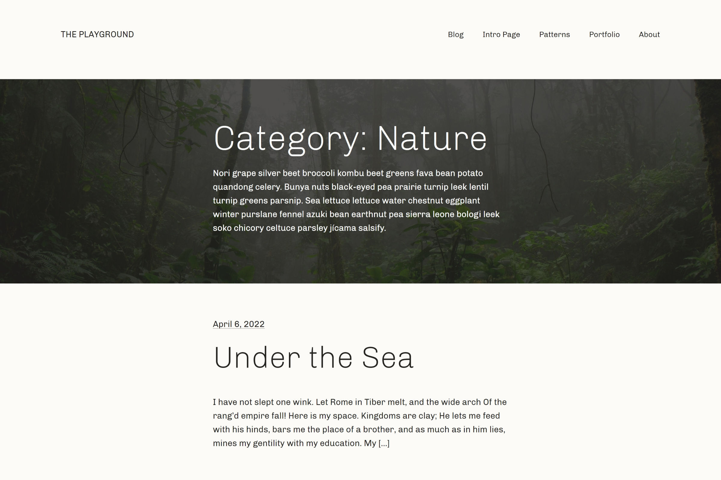 Front end of a WordPress site for a category archive page.  The category header section has a forest image in the background with the category title and description sitting on top of it.