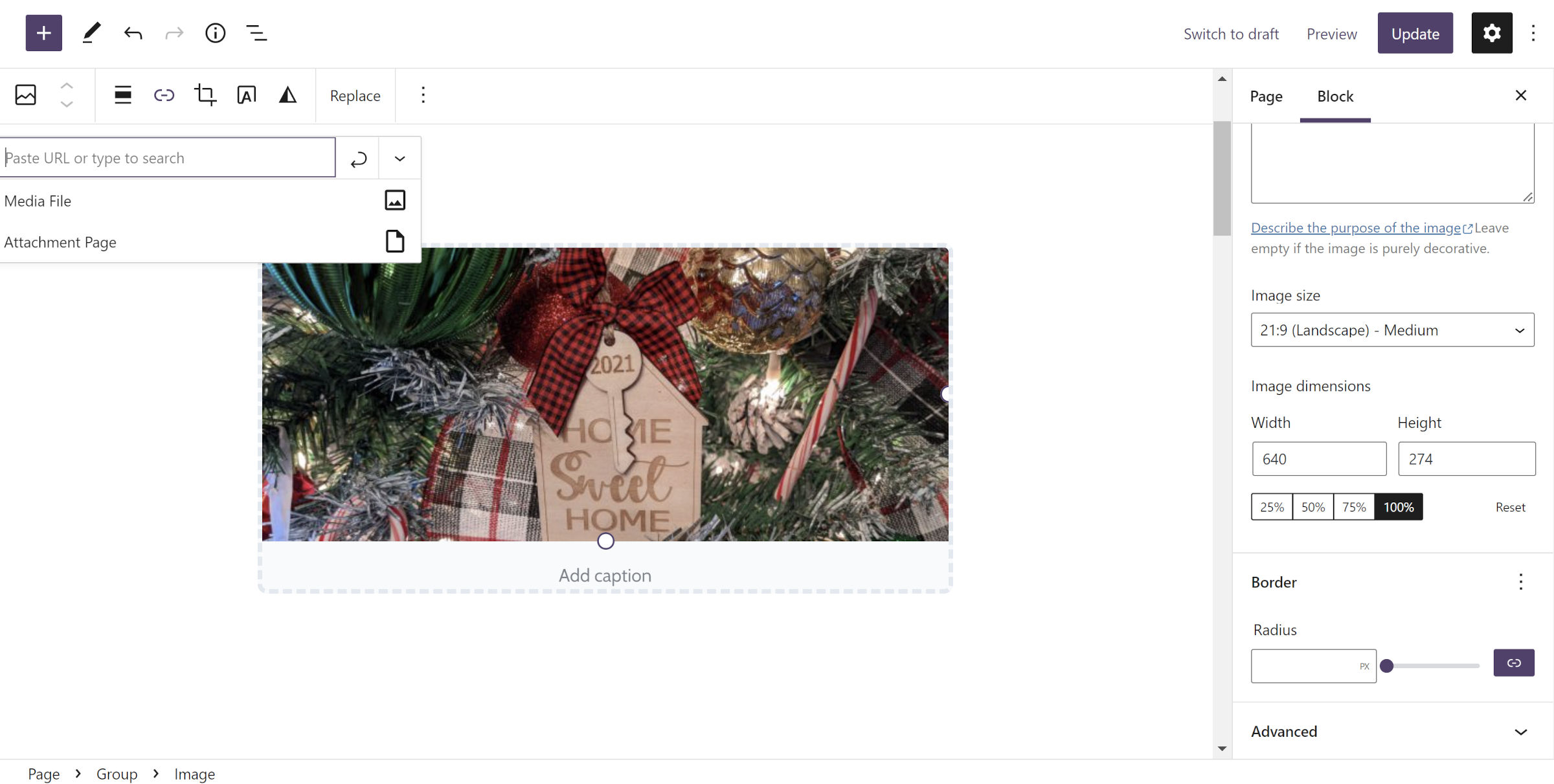 WordPress post editor with an image hosted inside a Group block with a gray border and background.