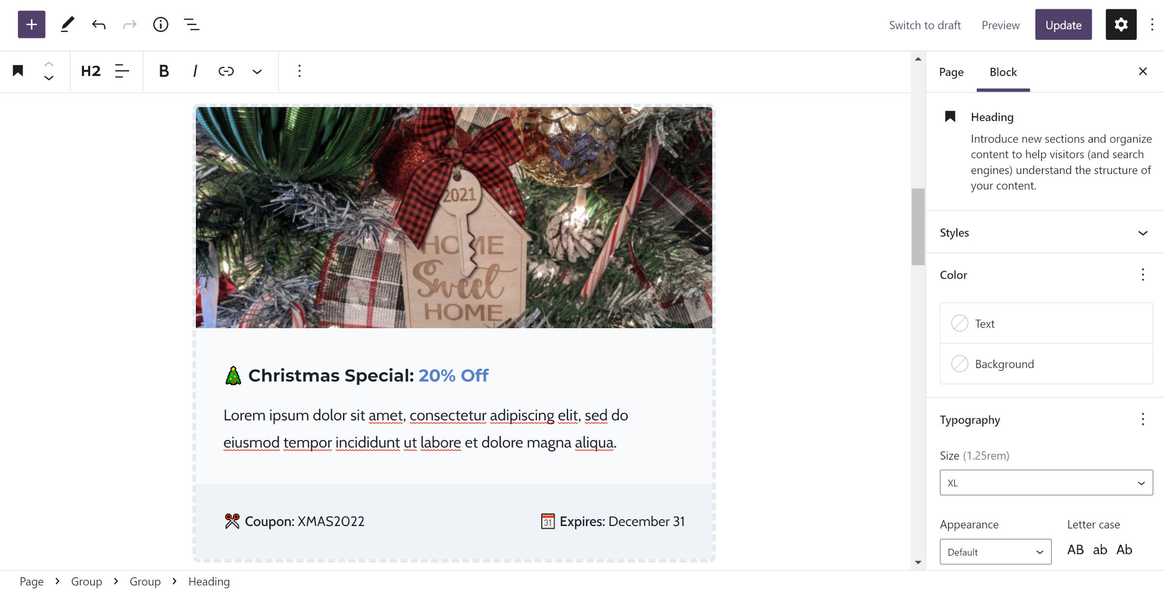 Éditeur de publication WordPress avec un bloc de groupe qui abrite une image, un deuxième groupe avec du contenu et une ligne avec un code de coupon.  Des emoji sur le thème de Noël sont mélangés.