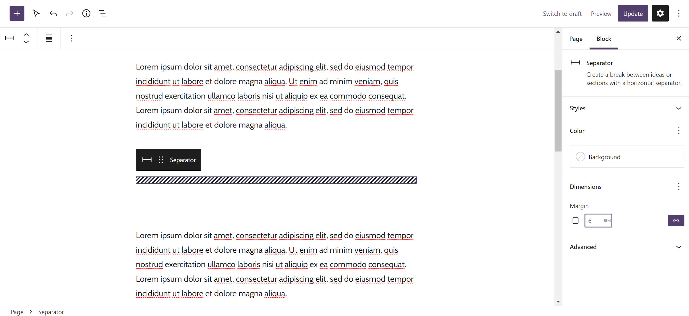 Im WordPress-Beitragseditor werden zwei Absätze durch einen Separator-Block getrennt, zwischen denen sich große Leerzeichen befinden.