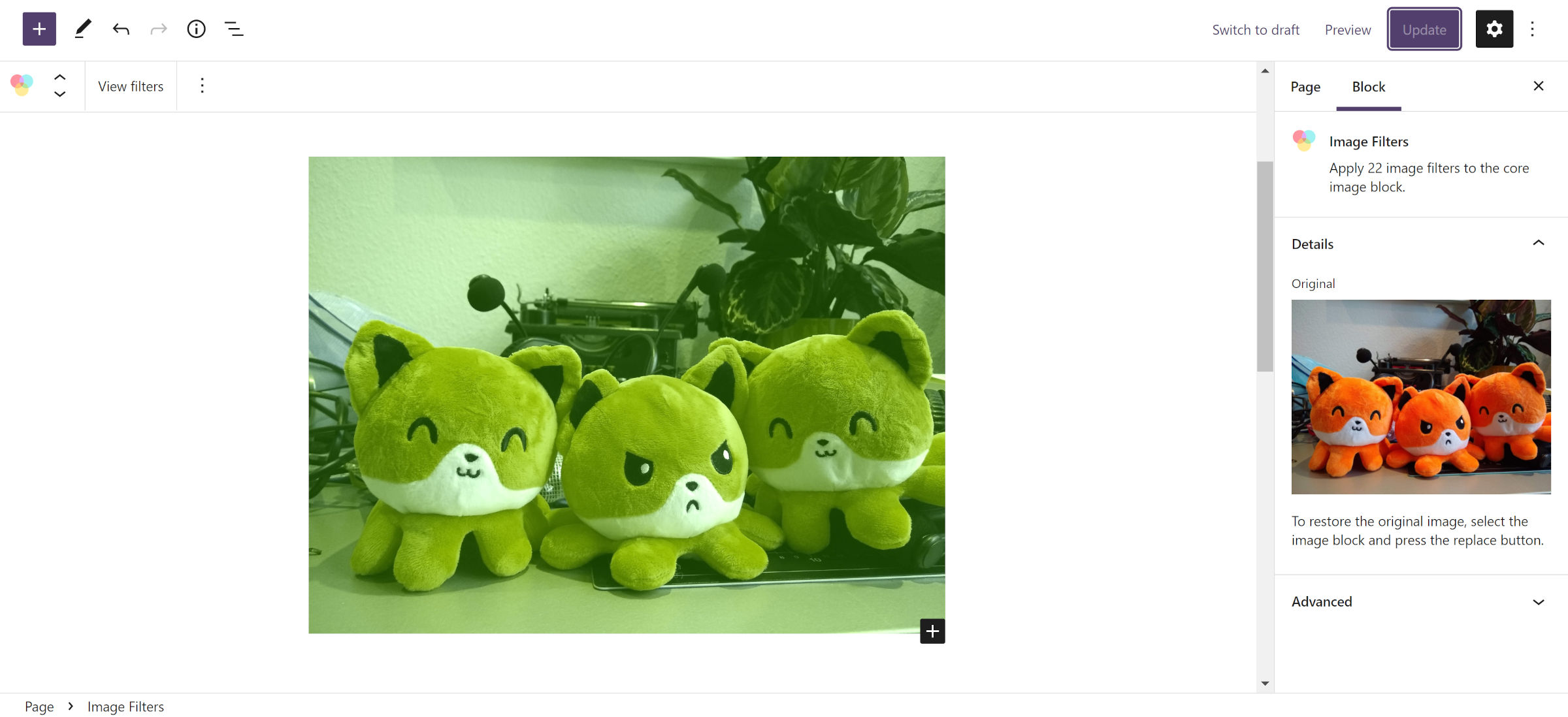 WordPress post editor.  In the content canvas, an image of plush foxes are shown with a tint over them.  In the sidebar on the right, the original image is shown.