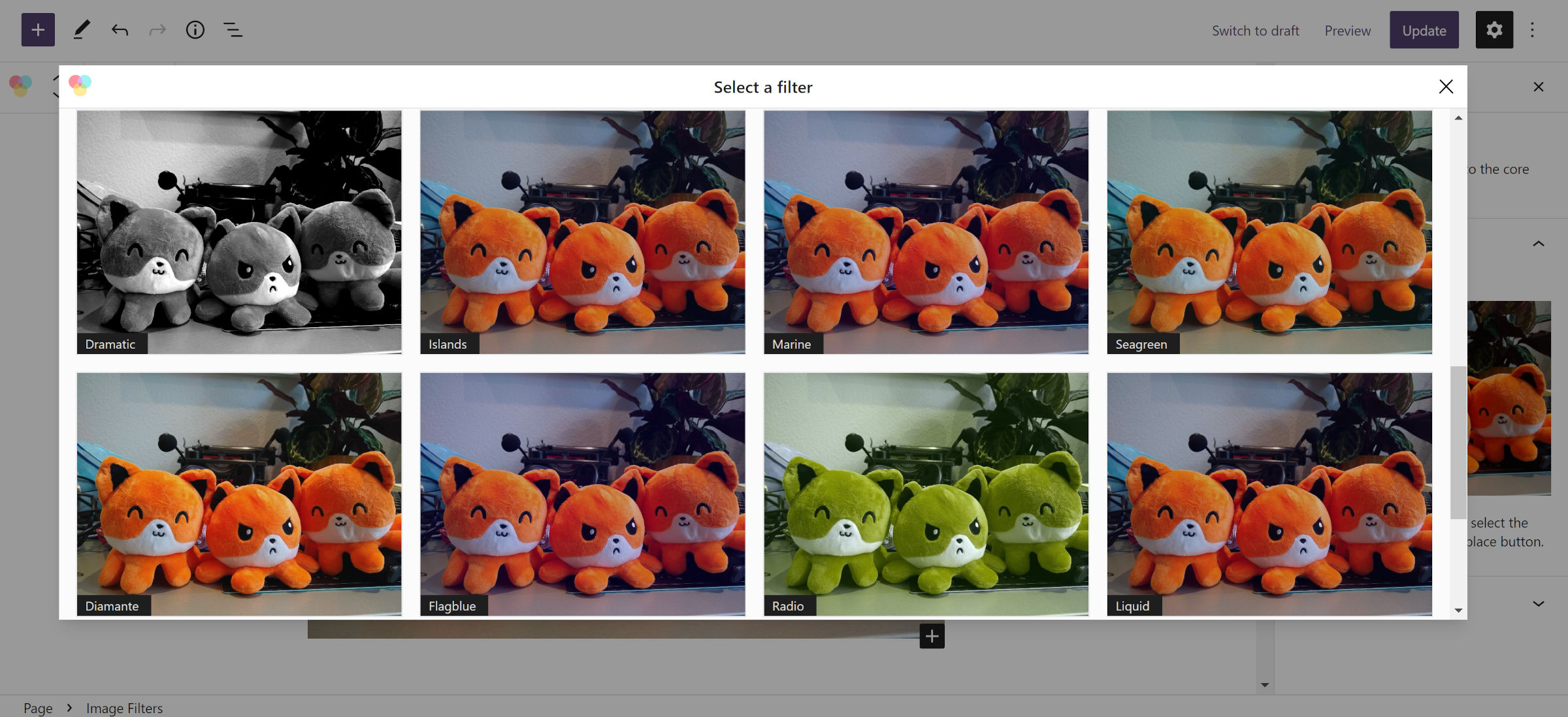 Popup-Modal im WordPress-Beitragseditor, in dem Bilder mit verschiedenen Filtern in einem Raster angezeigt werden.