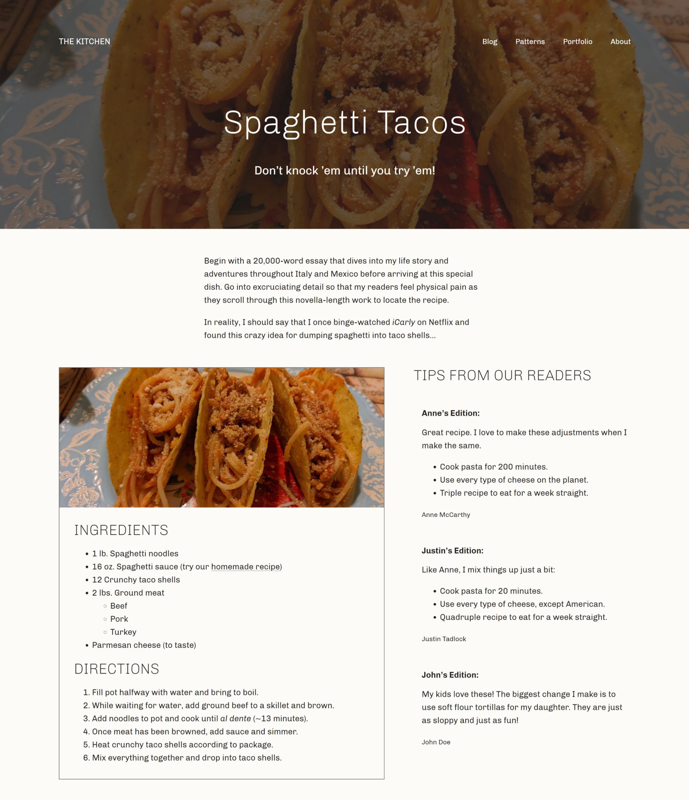 WordPress-Post auf der Vorderseite eines Rezepts.  Er hat einen Hero-Header mit einem Bild von Spaghetti-Tacos, gefolgt von einer Beschreibung.  Darunter befinden sich zwei Spalten.  Eine Rezeptkarte auf der linken Seite und Tipps von Lesern auf der rechten Seite.